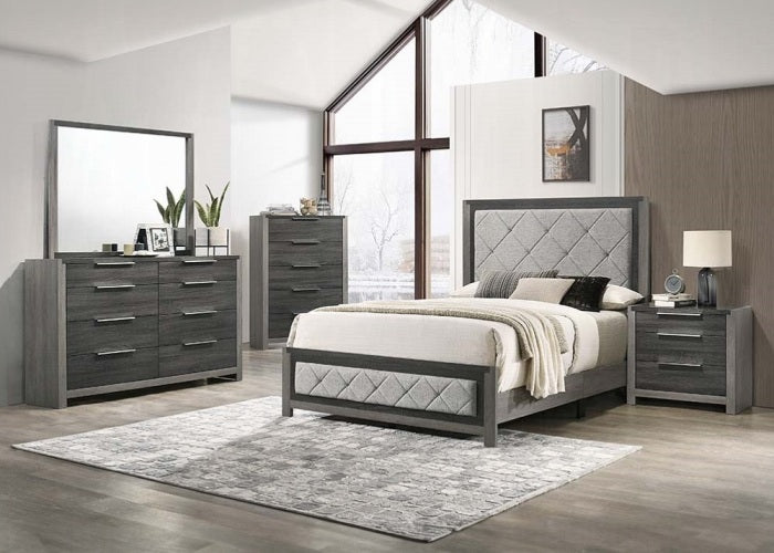 BD02722Q-4PC 4 pc Jehoram grey finish wood grey linen padded headboard queen bedroom set
