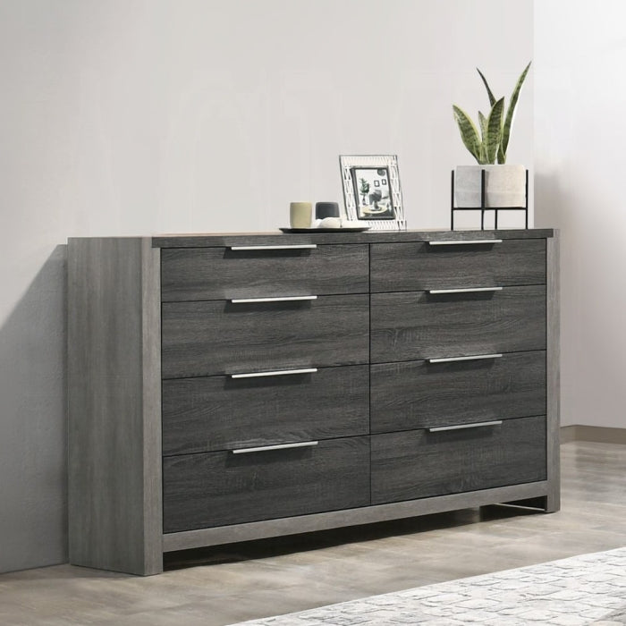 BD02722Q-4PC 4 pc Jehoram grey finish wood grey linen padded headboard queen bedroom set