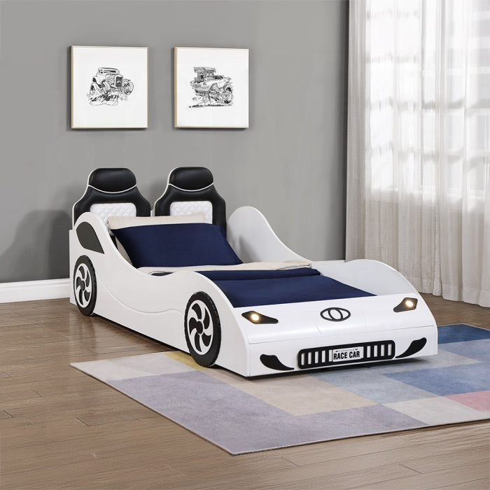 BD02821T Colen white finish wood twin size race car bed with led lights and padded headboard