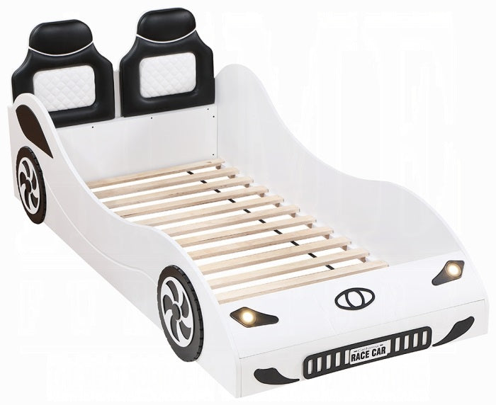 BD02821T Colen white finish wood twin size race car bed with led lights and padded headboard