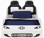BD02821T Colen white finish wood twin size race car bed with led lights and padded headboard