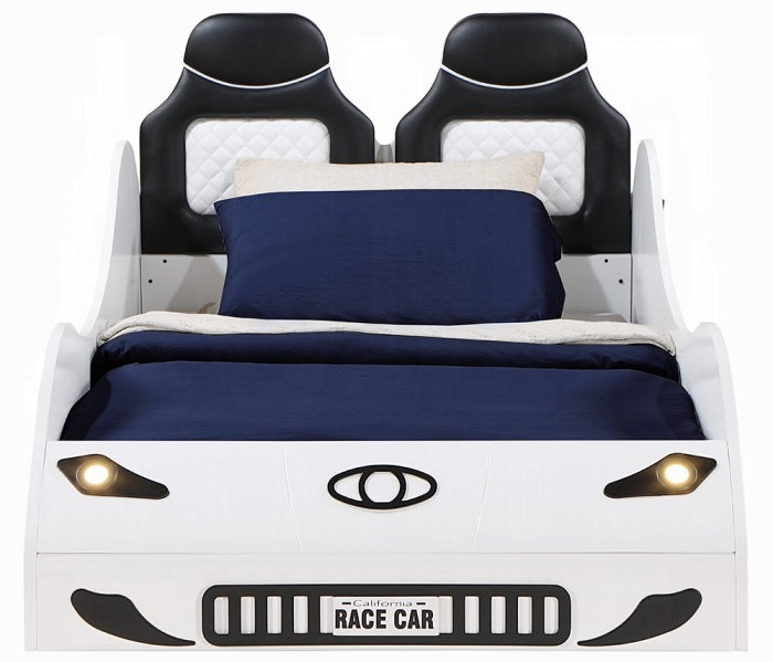 BD02821T Colen white finish wood twin size race car bed with led lights and padded headboard