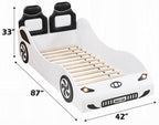 BD02821T Colen white finish wood twin size race car bed with led lights and padded headboard