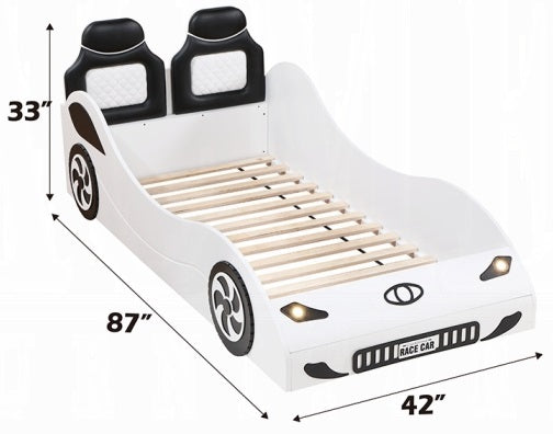 BD02821T Colen white finish wood twin size race car bed with led lights and padded headboard