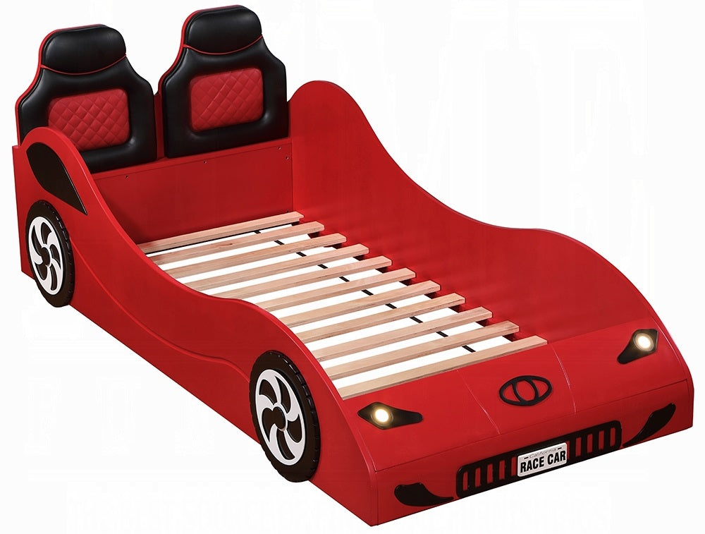 BD02831T Colen red finish wood twin size race car bed with led lights and padded headboard