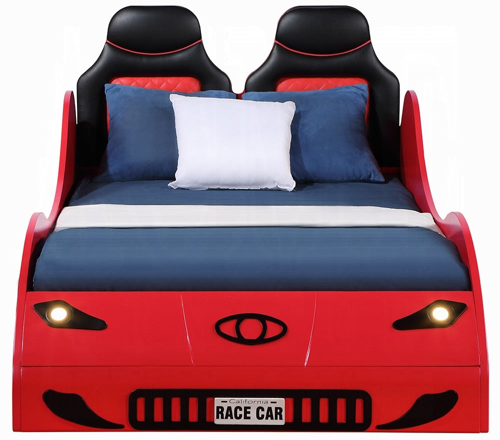 BD02831T Colen red finish wood twin size race car bed with led lights and padded headboard