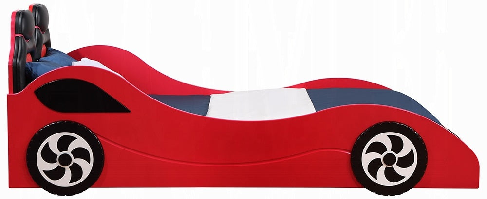 BD02831T Colen red finish wood twin size race car bed with led lights and padded headboard