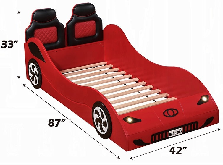 BD02831T Colen red finish wood twin size race car bed with led lights and padded headboard