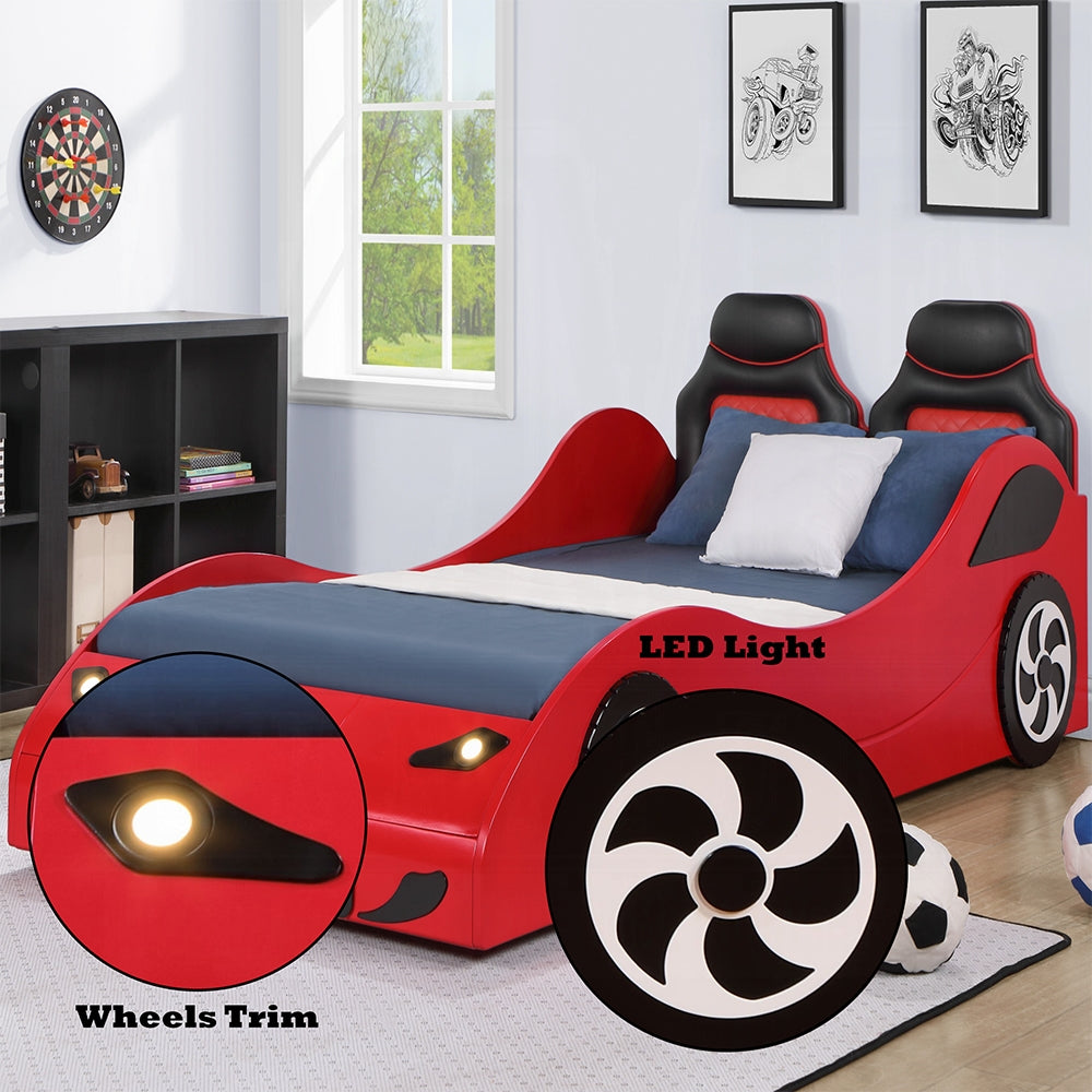 BD02831T Colen red finish wood twin size race car bed with led lights and padded headboard