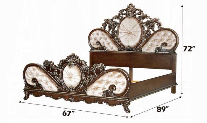 Acme BD03062Q-4PC 4 pc Astoria grand devany cherry wood burl finish wood ornately carved cream fabric headboard queen bedroom set