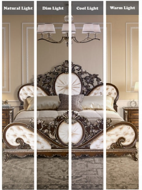 Acme BD03062Q-4PC 4 pc Astoria grand devany cherry wood burl finish wood ornately carved cream fabric headboard queen bedroom set