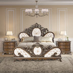 Acme BD03062Q-4PC 4 pc Astoria grand devany cherry wood burl finish wood ornately carved cream fabric headboard queen bedroom set