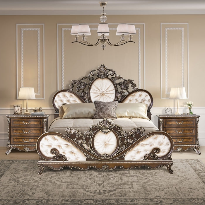 Acme BD03062Q-4PC 4 pc Astoria grand devany cherry wood burl finish wood ornately carved cream fabric headboard queen bedroom set