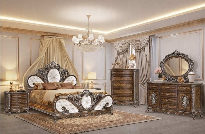 Acme BD03062Q-4PC 4 pc Astoria grand devany cherry wood burl finish wood ornately carved cream fabric headboard queen bedroom set