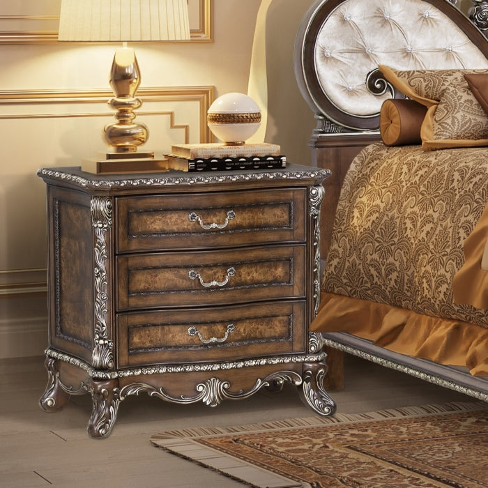 Acme BD03062Q-4PC 4 pc Astoria grand devany cherry wood burl finish wood ornately carved cream fabric headboard queen bedroom set