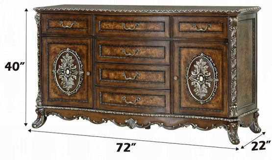 Acme BD03062Q-4PC 4 pc Astoria grand devany cherry wood burl finish wood ornately carved cream fabric headboard queen bedroom set
