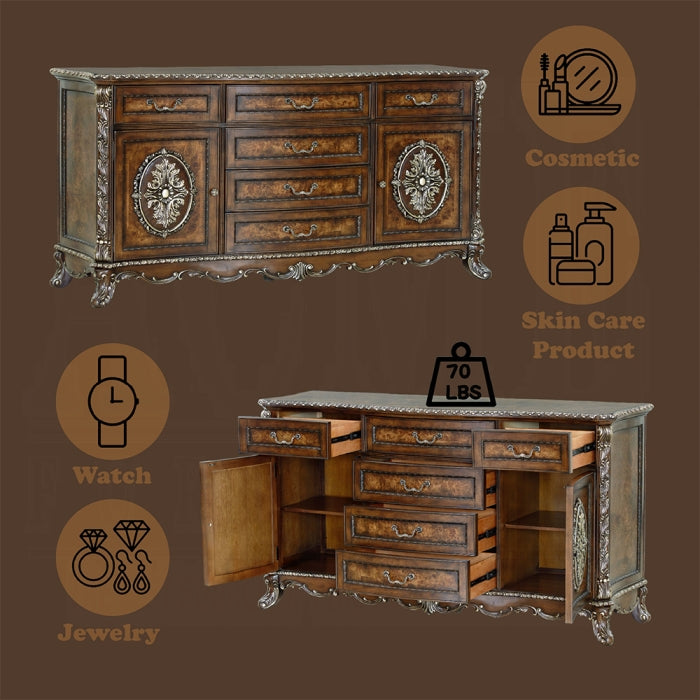 Acme BD03062Q-4PC 4 pc Astoria grand devany cherry wood burl finish wood ornately carved cream fabric headboard queen bedroom set