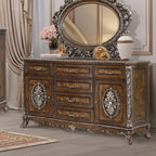 Acme BD03062Q-4PC 4 pc Astoria grand devany cherry wood burl finish wood ornately carved cream fabric headboard queen bedroom set