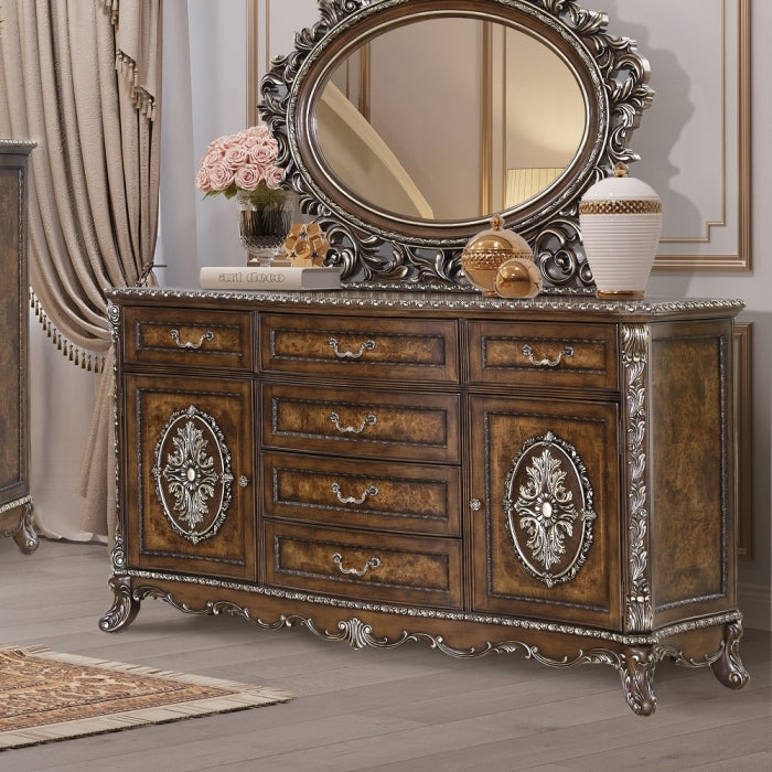 Acme BD03062Q-4PC 4 pc Astoria grand devany cherry wood burl finish wood ornately carved cream fabric headboard queen bedroom set
