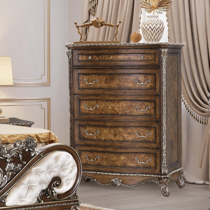 Acme BD03066 Astoria grand devany cherry wood burl finish wood ornately carved 5 drawer tall chest