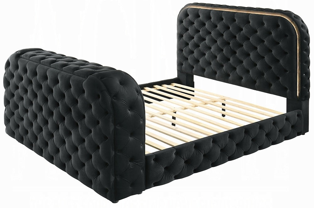 Acme BD03122Q Kana black velvet upholstered fabric tufted queen bed set LED , Fireplace and TV Lift