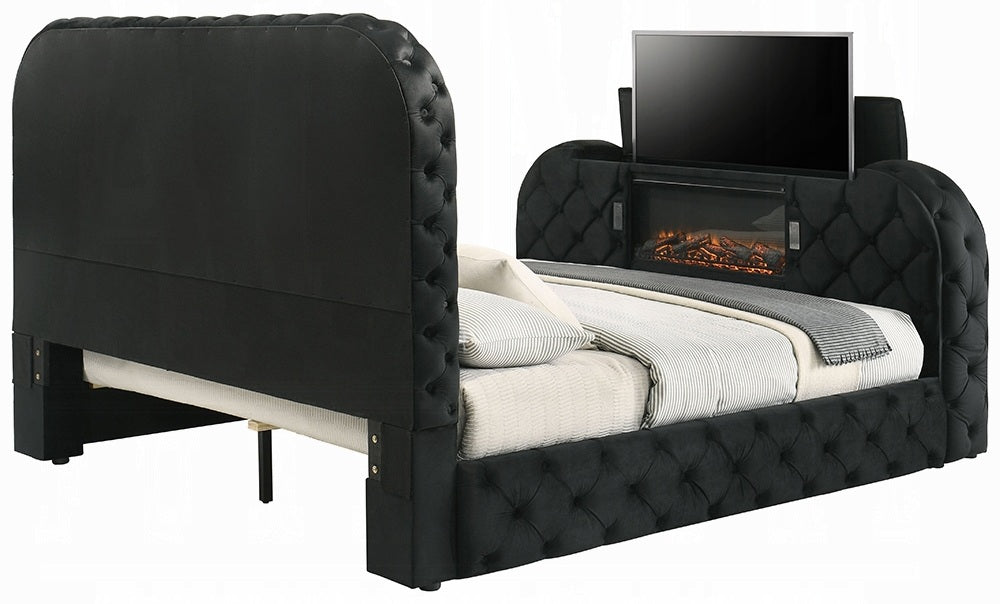Acme BD03122Q Kana black velvet upholstered fabric tufted queen bed set LED , Fireplace and TV Lift