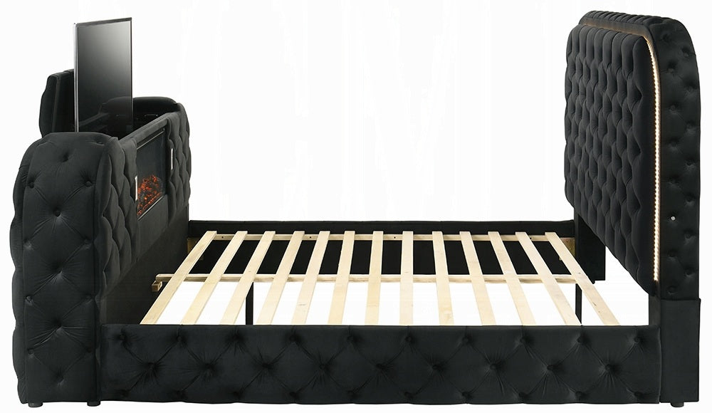 Acme BD03122Q Kana black velvet upholstered fabric tufted queen bed set LED , Fireplace and TV Lift