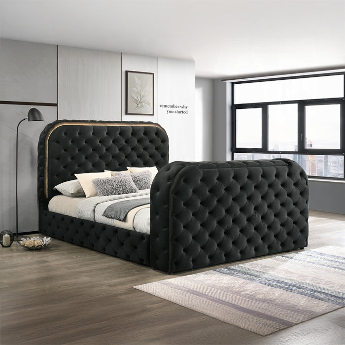 Acme BD03122Q Kana black velvet upholstered fabric tufted queen bed set LED , Fireplace and TV Lift