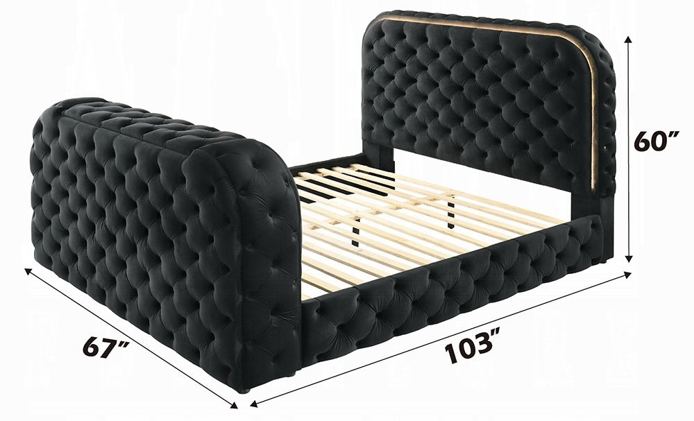 Acme BD03122Q Kana black velvet upholstered fabric tufted queen bed set LED , Fireplace and TV Lift