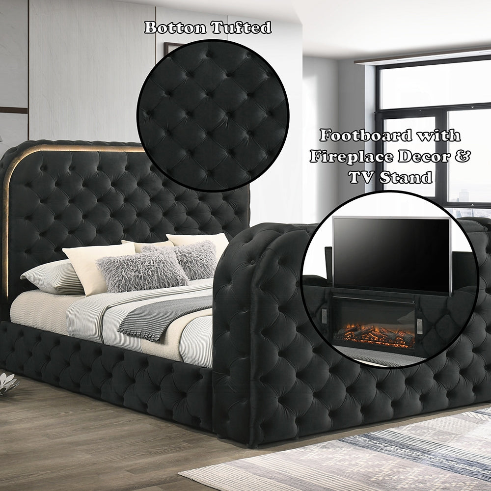 Acme BD03122Q Kana black velvet upholstered fabric tufted queen bed set LED , Fireplace and TV Lift