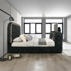 Acme BD03122Q Kana black velvet upholstered fabric tufted queen bed set LED , Fireplace and TV Lift