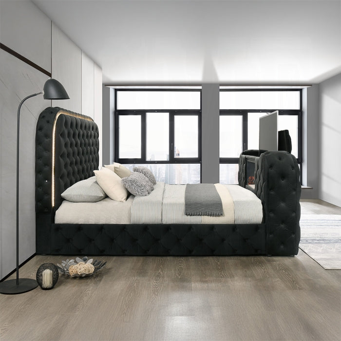 Acme BD03122Q Kana black velvet upholstered fabric tufted queen bed set LED , Fireplace and TV Lift