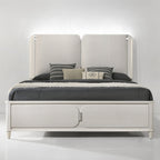 BD03792Q-4PC 4 pc Laveda pearl white finish wood and fabric padded LED lighting headboard queen bedroom set