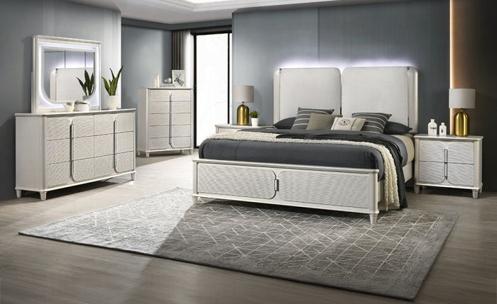 BD03792Q-4PC 4 pc Laveda pearl white finish wood and fabric padded LED lighting headboard queen bedroom set