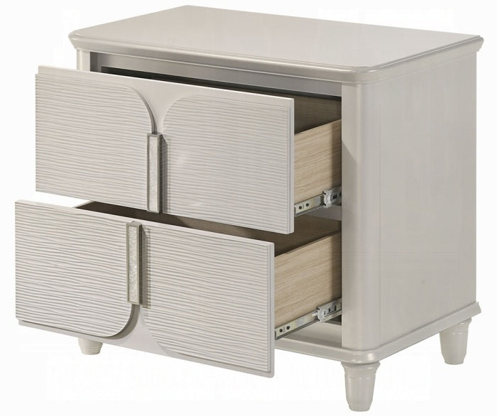 BD03792Q-4PC 4 pc Laveda pearl white finish wood and fabric padded LED lighting headboard queen bedroom set