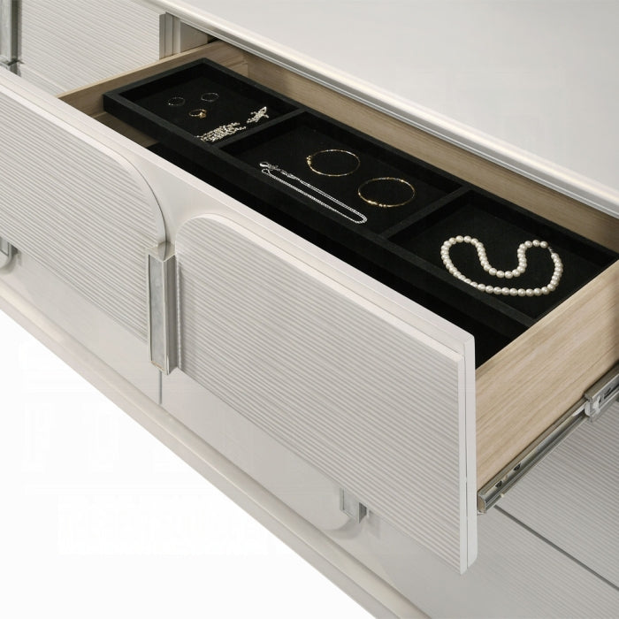 BD03792Q-4PC 4 pc Laveda pearl white finish wood and fabric padded LED lighting headboard queen bedroom set