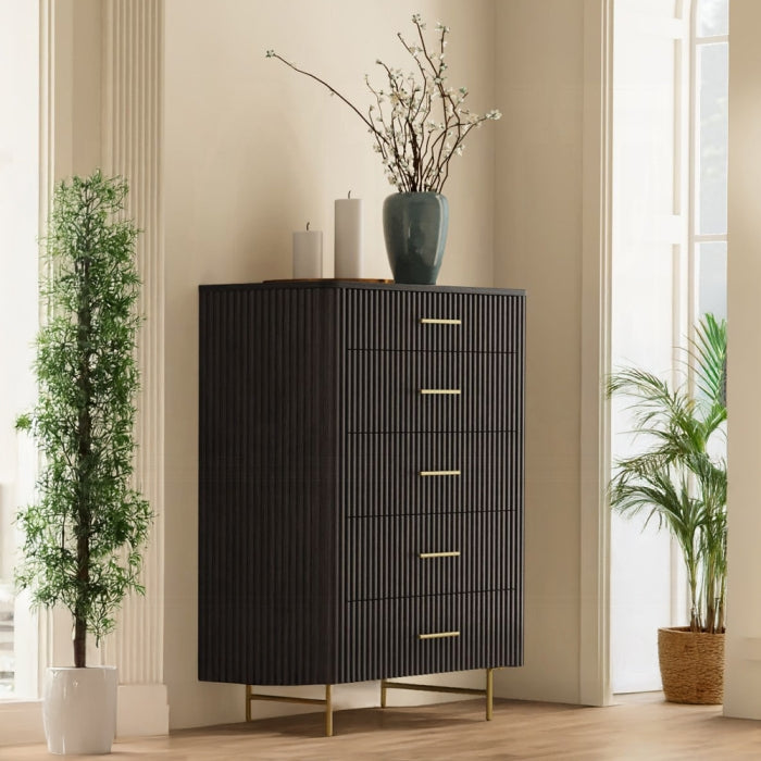 Acme BD04096 Clayten espresso finish wood ribbed design mid-century modern 5 drawer tall chest