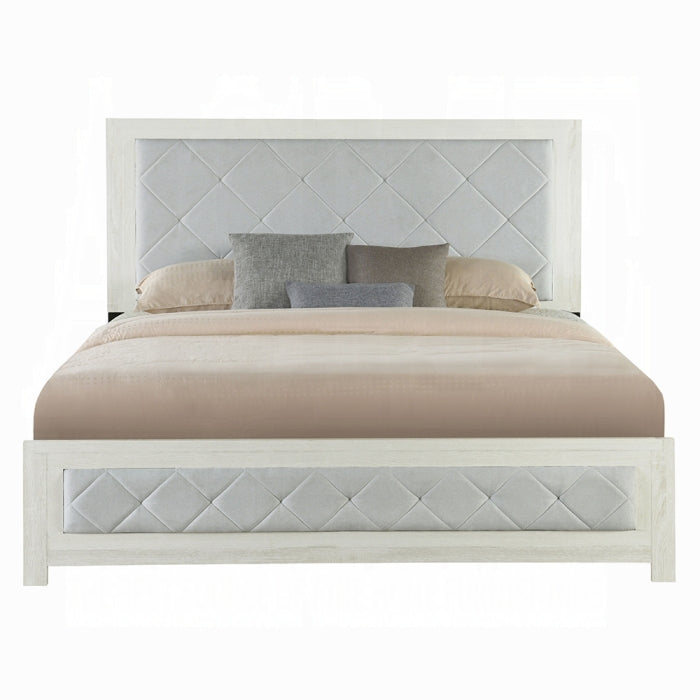 Acme BD04352-4PC Jehoram weathgered white oak finish wood beige linen upholstered headboard modern queen bedroom set