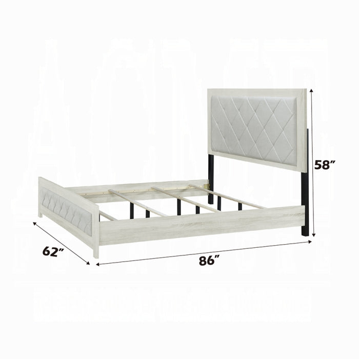 Acme BD04352-4PC Jehoram weathgered white oak finish wood beige linen upholstered headboard modern queen bedroom set