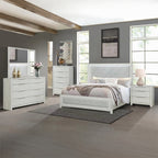 Acme BD04352-4PC Jehoram weathgered white oak finish wood beige linen upholstered headboard modern queen bedroom set