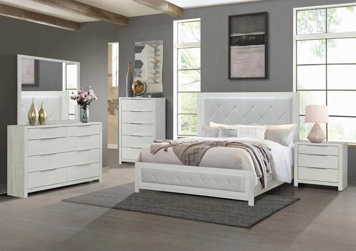 Acme BD04352-4PC Jehoram weathgered white oak finish wood beige linen upholstered headboard modern queen bedroom set