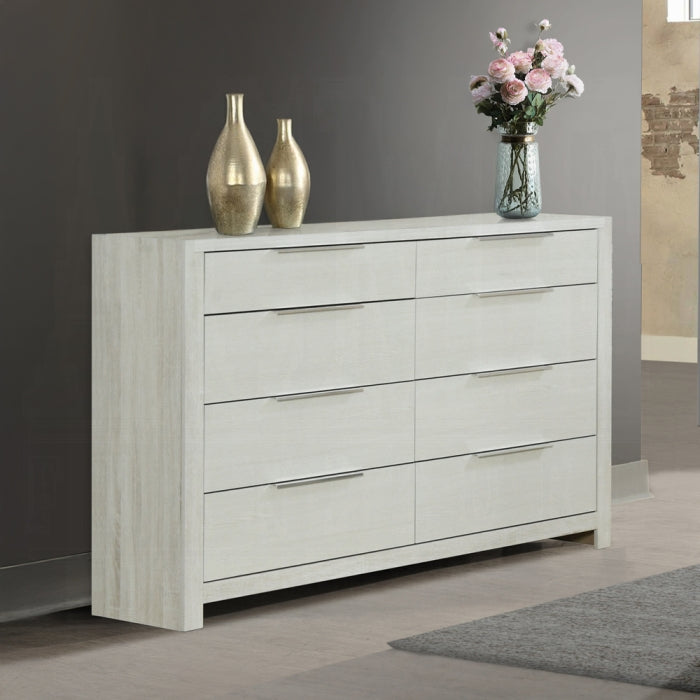 Acme BD04352-4PC Jehoram weathgered white oak finish wood beige linen upholstered headboard modern queen bedroom set