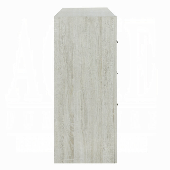 Acme BD04352-4PC Jehoram weathgered white oak finish wood beige linen upholstered headboard modern queen bedroom set