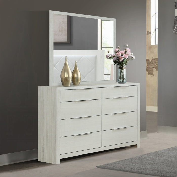 Acme BD04352-4PC Jehoram weathgered white oak finish wood beige linen upholstered headboard modern queen bedroom set
