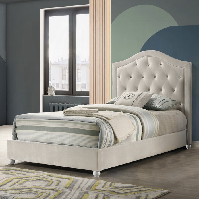 Acme BD04501T-4PC 4 pc Reggie beige velvet fabric upholstered crystal button tufted twin bed set