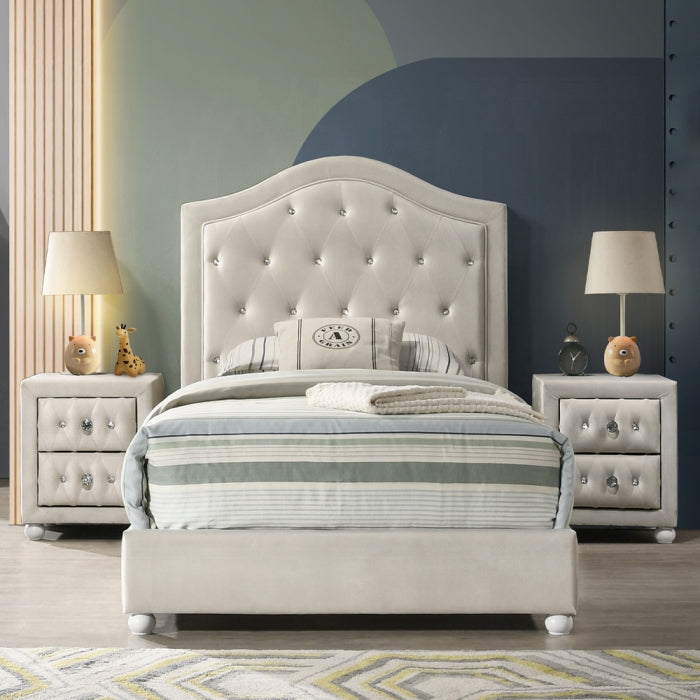 Acme BD04501T-4PC 4 pc Reggie beige velvet fabric upholstered crystal button tufted twin bed set
