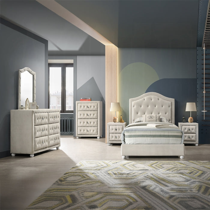 Acme BD04501T-4PC 4 pc Reggie beige velvet fabric upholstered crystal button tufted twin bed set