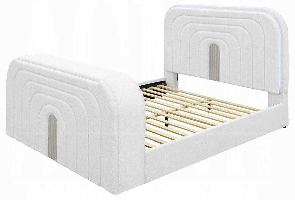 Acme BD04752Q Shelyn white teddy bear sherpa fabric upholstered queen bed set LED , Fireplace and TV Lift