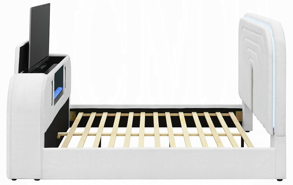 Acme BD04752Q Shelyn white teddy bear sherpa fabric upholstered queen bed set LED , Fireplace and TV Lift