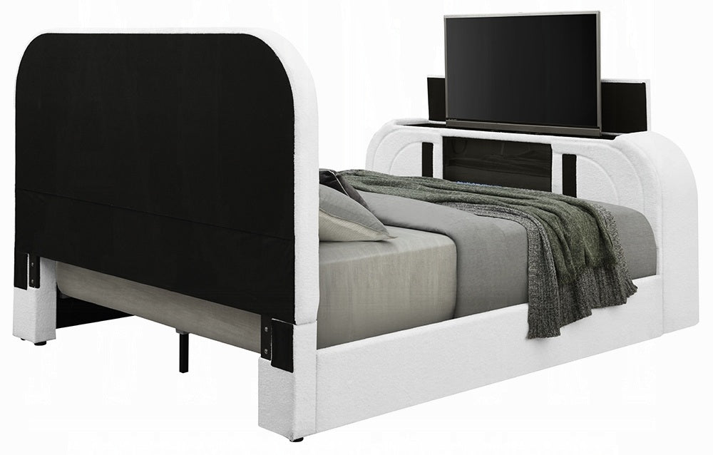 Acme BD04752Q Shelyn white teddy bear sherpa fabric upholstered queen bed set LED , Fireplace and TV Lift